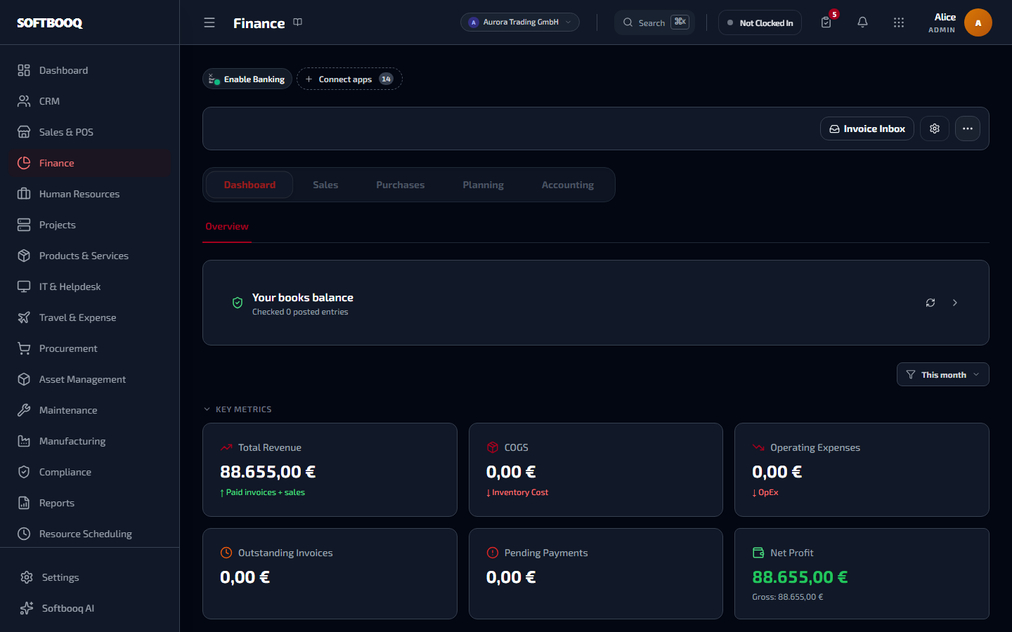 The Finance workspace in a live Softbooq account