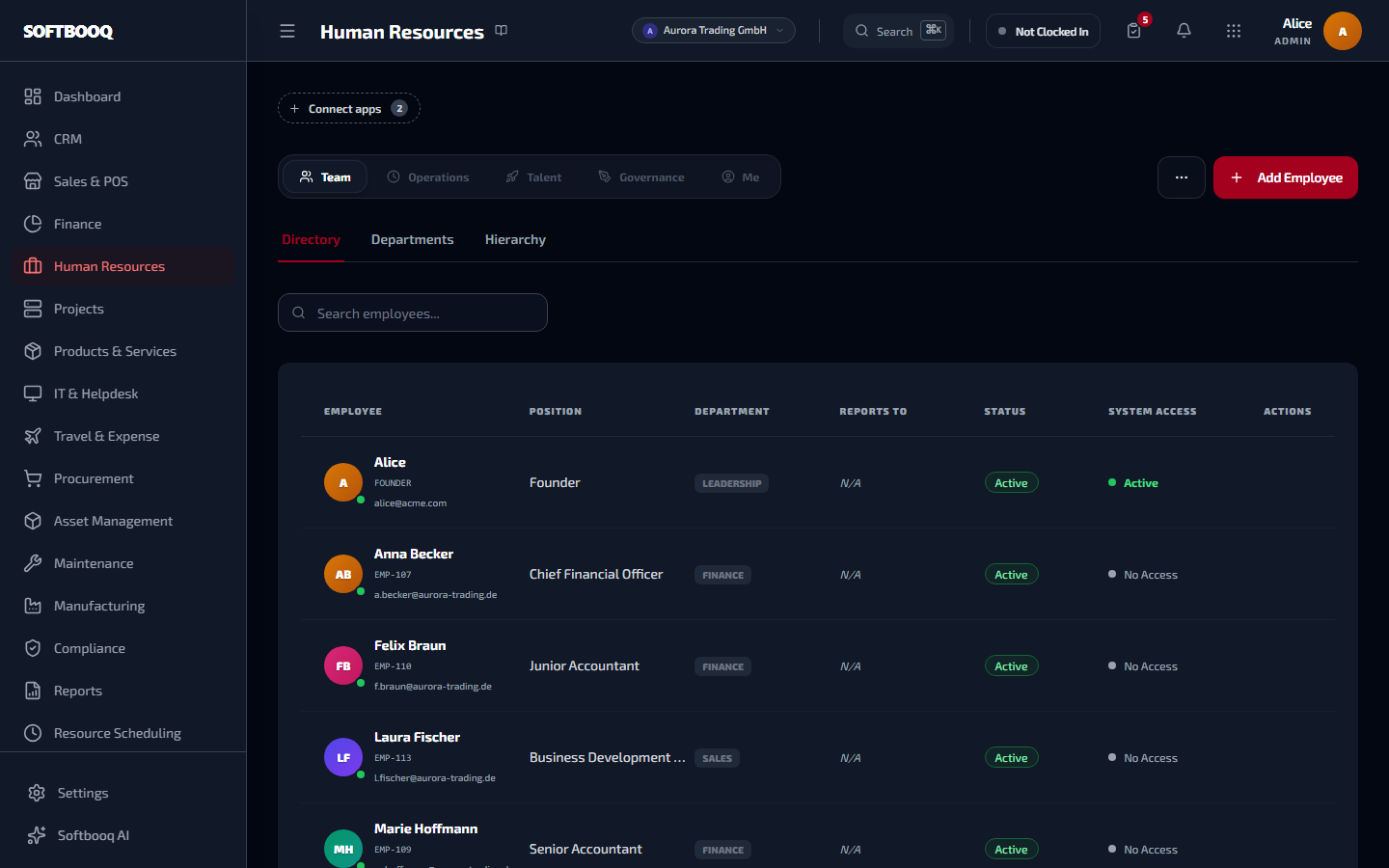 The HR workspace in Softbooq
