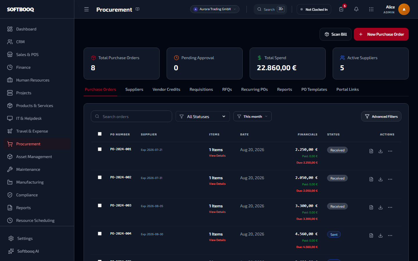 The Procurement workspace in Softbooq