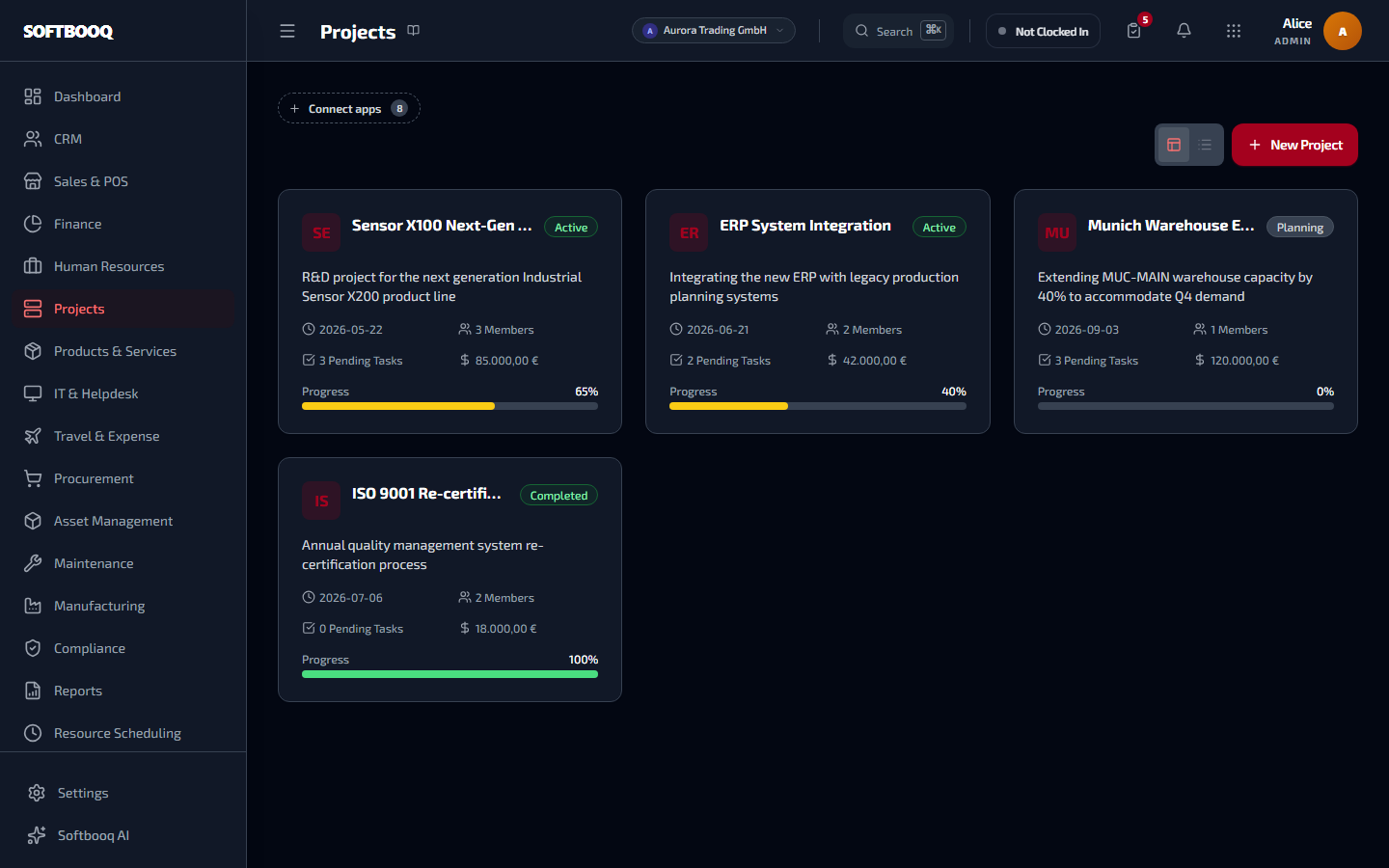 The Projects workspace in Softbooq