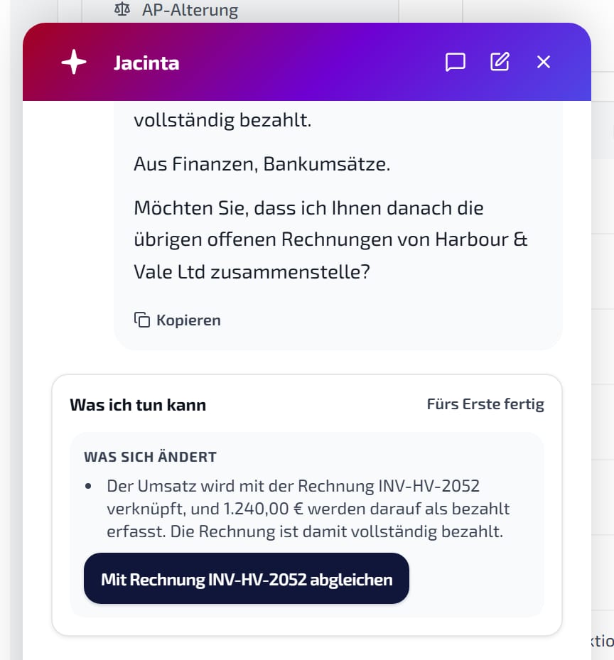 „Jacinta fragen“ bei einer offenen Bankzeile: die passende Rechnung, warum sie passt und was die Zuordnung ändert.