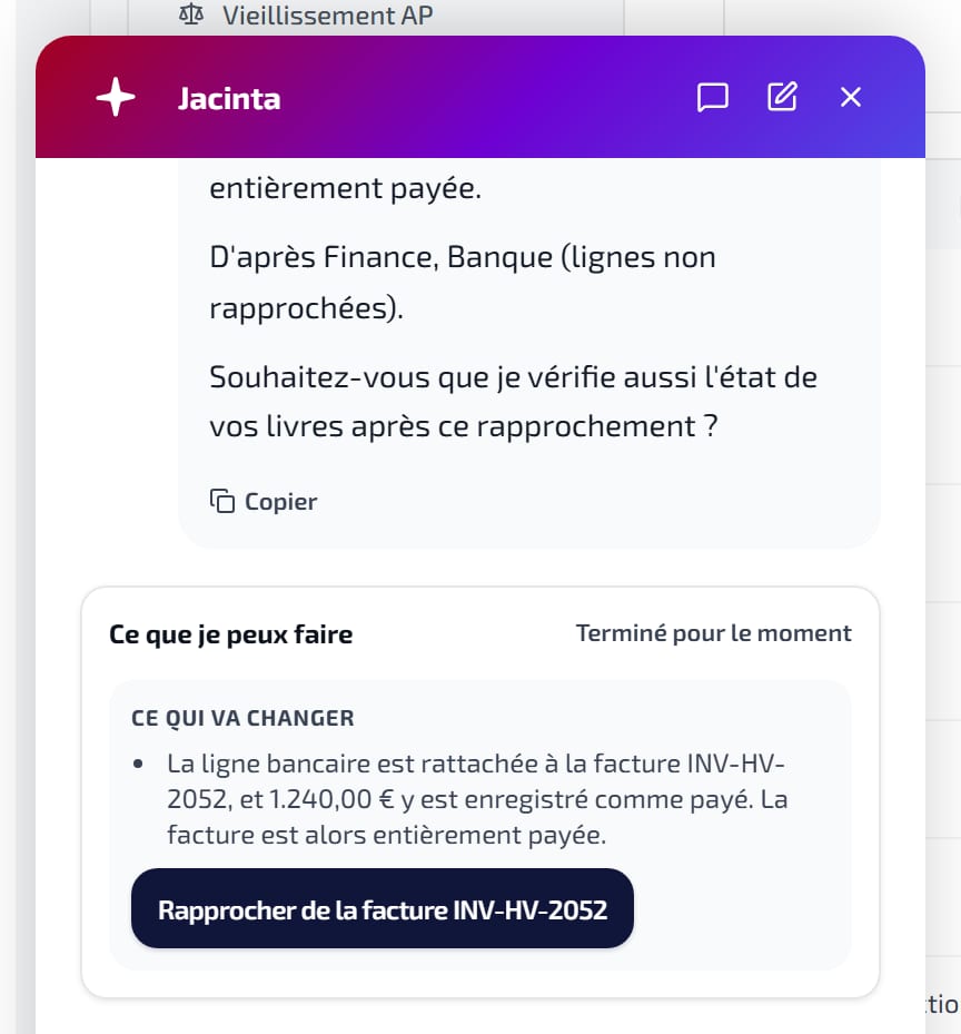 « Demander à Jacinta » sur une ligne bancaire non rapprochée : la facture probable, pourquoi elle correspond, et ce que le rapprochement va changer.
