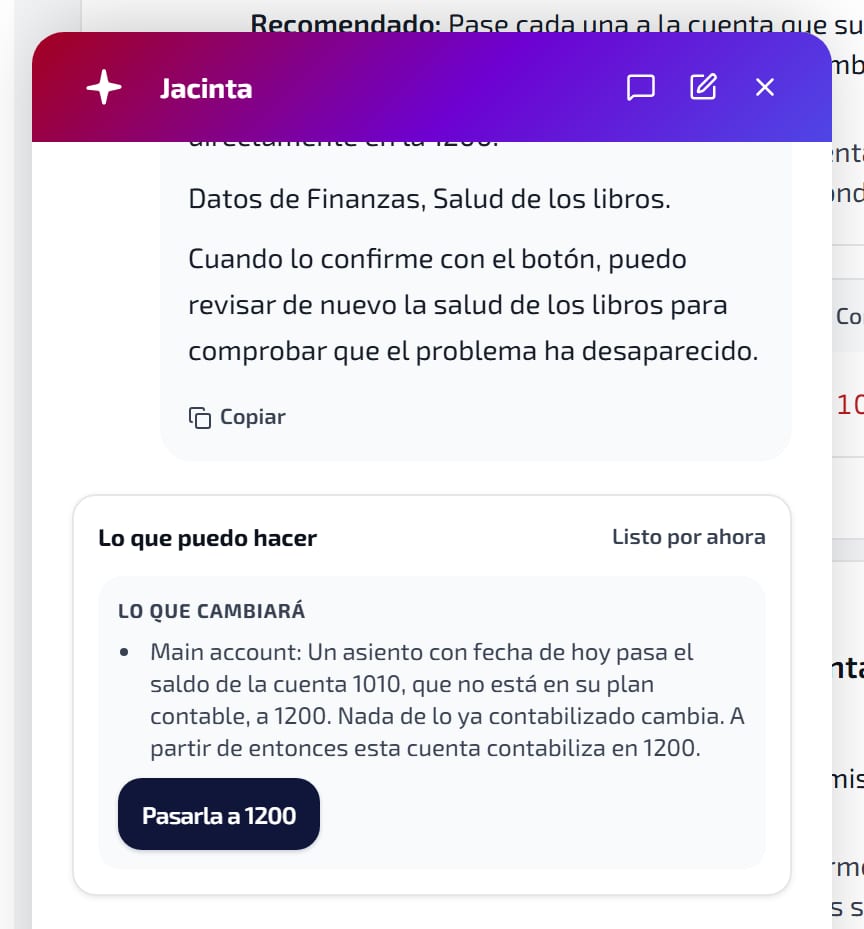 «Preguntar a Jacinta» en Salud contable: un asiento nuevo pasa el saldo de una cuenta bancaria a la cuenta correcta, y nada de lo ya contabilizado cambia.