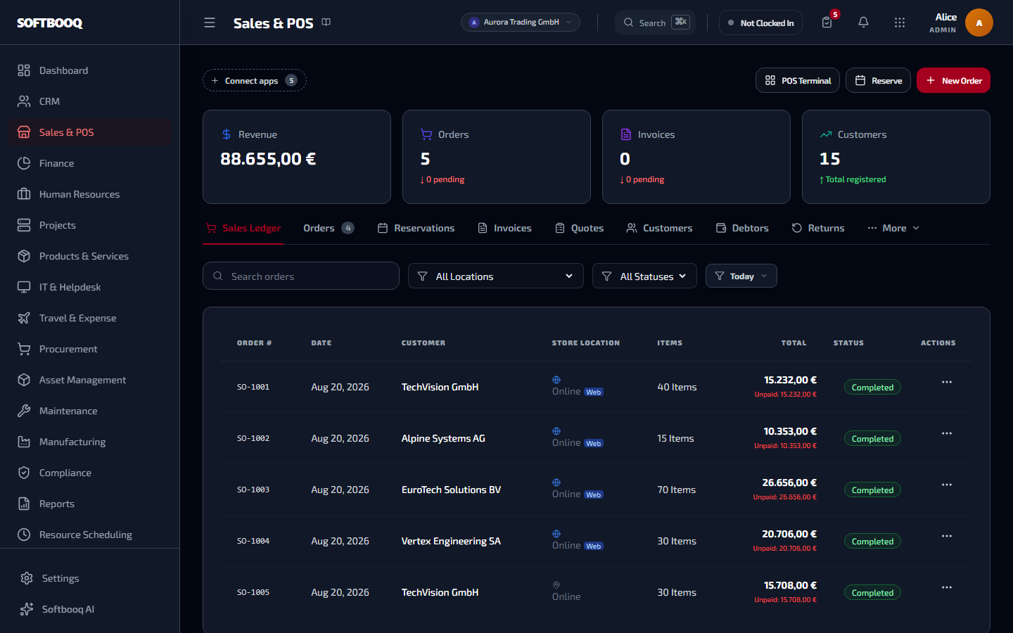 The Sales workspace in Softbooq
